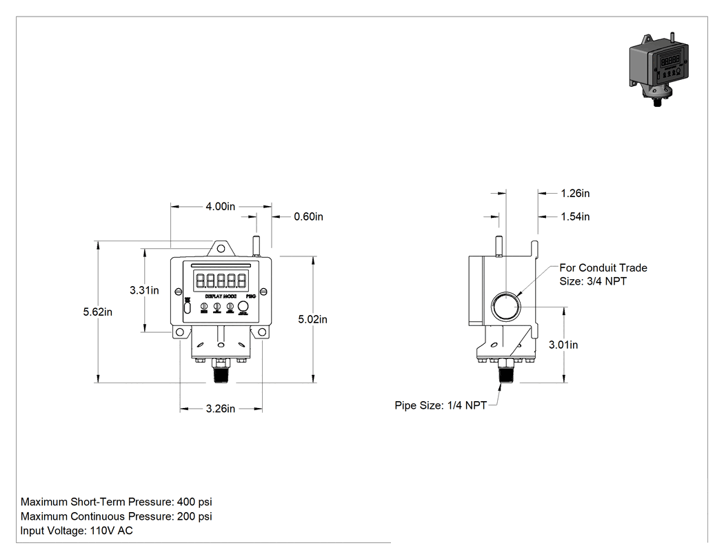 Teknik Çizim - Sıfırlanabilir Basınç Şalteri, Dijital Ekran, 110V AC Giriş, 10-200 PSI Ayar Noktası