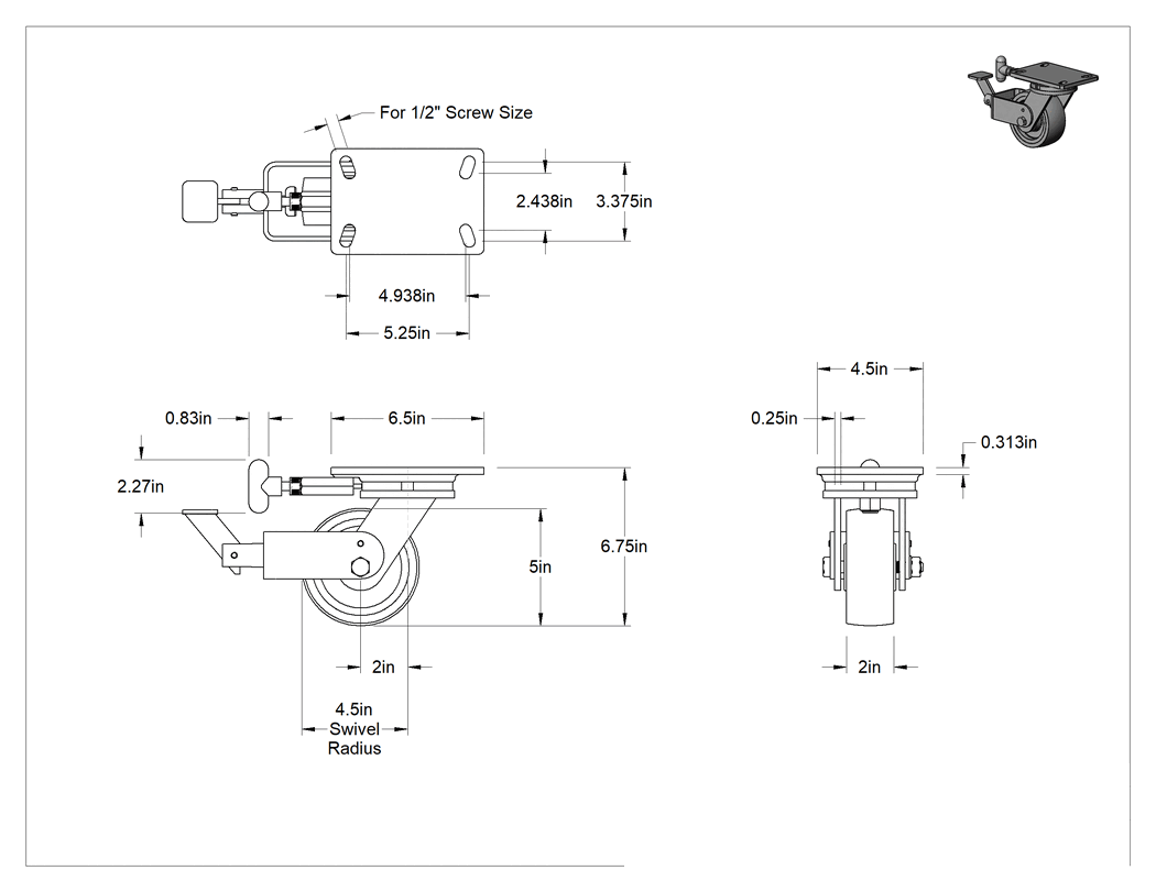 Teknik Çizim - 6-1/2" x 4-1/2" Plakalı Yüksek Kapasiteli Kingston Tekerlek, Kilitli Döner Ayak, 5" Çaplı Yeşil Poliüretan Tekerlek