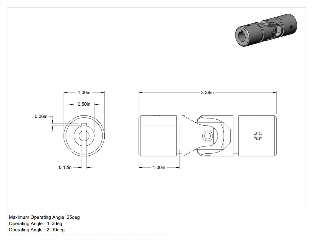 Teknik Çizim - Pim ve Bloklu Tekli U-Mafsal, Çelik, 1/2" Çap x 1" Derinlikte Tırnaklı Şaft için