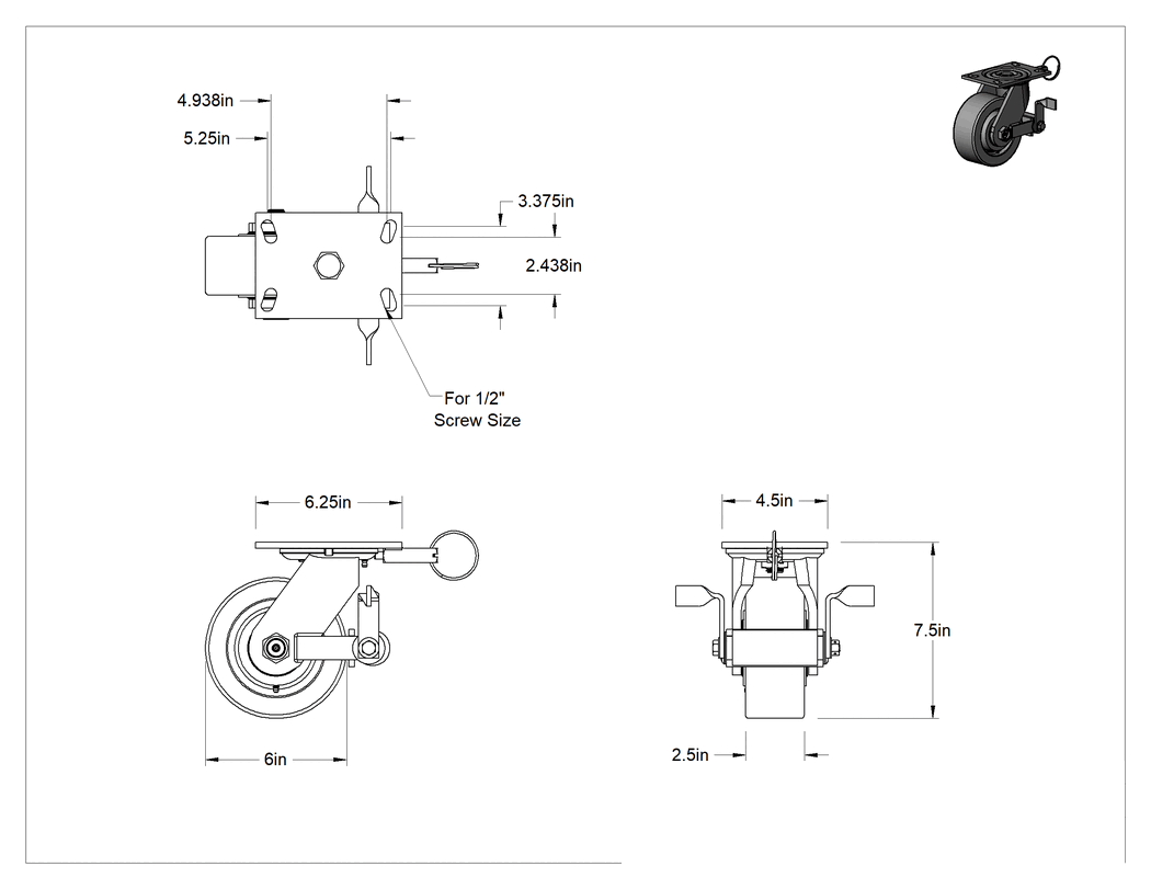 Teknik Çizim - 6-1/4" x 4-1/2" Plakalı Viking Tekerlek, Yüksek Kapasiteli, Kilitli Döner Ayak ve 6 inç Çapında Fenolik Tekerlek