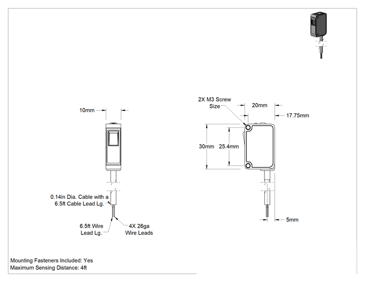 Teknik Çizim - Fotoelektrik Anahtar, Tel Uçları, Dikdörtgen, Ultraviyole Işın, NPN