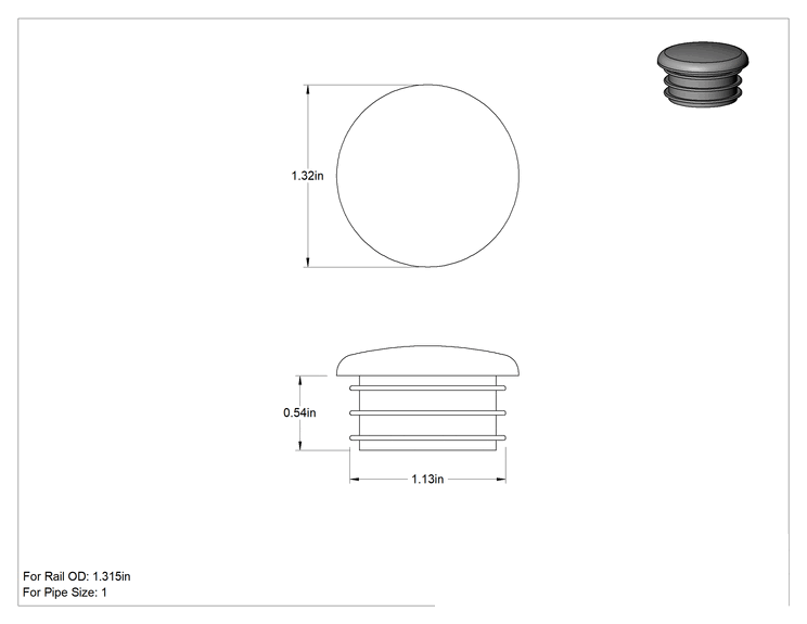 Teknik Çizim - Alüminyum Giydirme Bağlantı Parçası, 1-3/8" Ray Dış Çapı için Gri Plastik Kapak