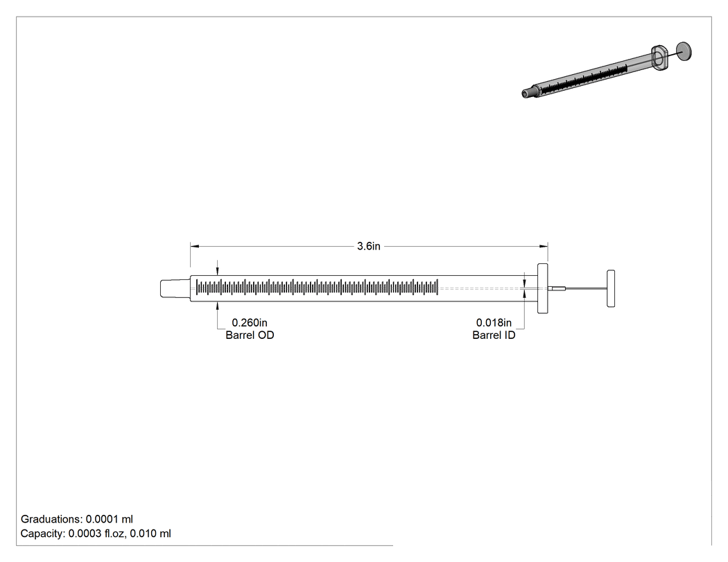 Teknik Çizim - Cam Şırınga, Luer Slip Bağlantılı, PTFE Piston, 0.01 ml Kapasite