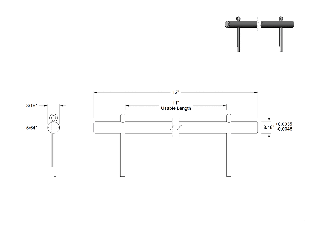 Teknik Çizim - 18-8 Paslanmaz Çelik Başsız Çatal Pim, 3/16" Çap, 11" Kullanılabilir Uzunluk