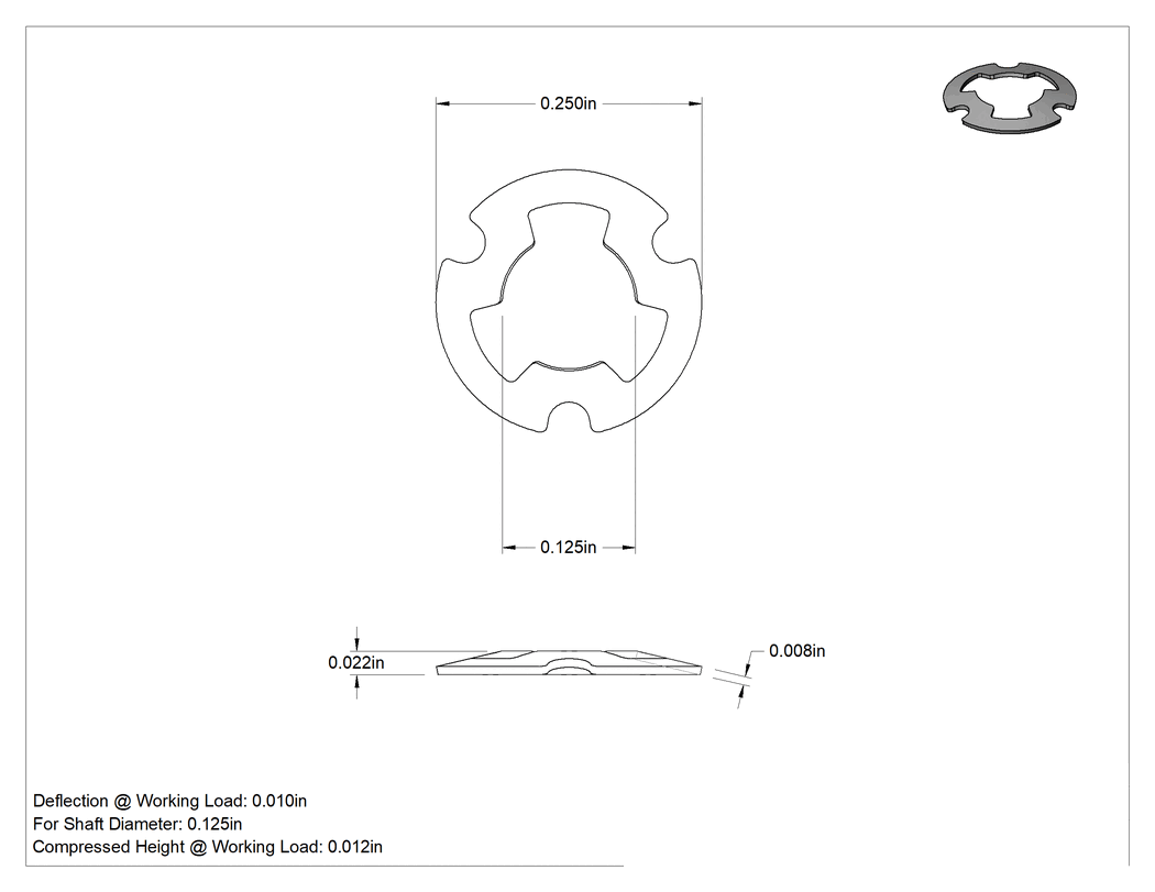Teknik Çizim - Çentikli Disk Yay, 1/8" Mil Çapı için, 0.0080" Kalınlık