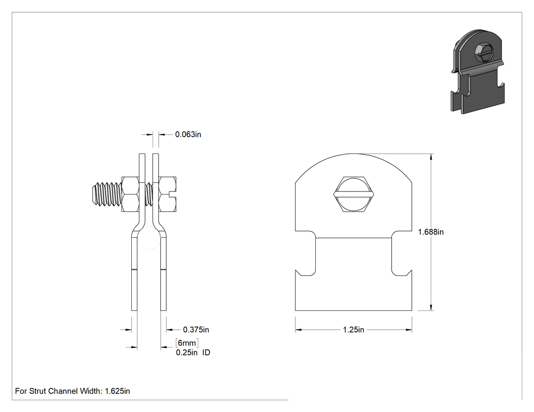 Teknik Çizim - Strut Montajlı Metal Yönlendirme Kelepçesi, Çinko Kaplı Çelik, 1/4" İç Çap, 1/16" Kalınlık