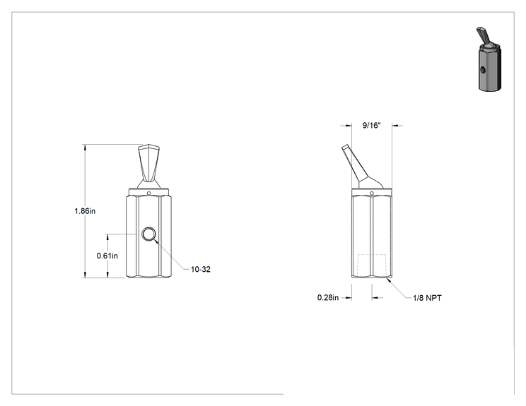 Teknik Çizim - Pirinç Gövdeli Hızlı Çalışan Kompakt Açma/Kapama Valfi, Toggle Anahtarlı, 1/8 NPT Dişi x 10-32 UNF Dişi
