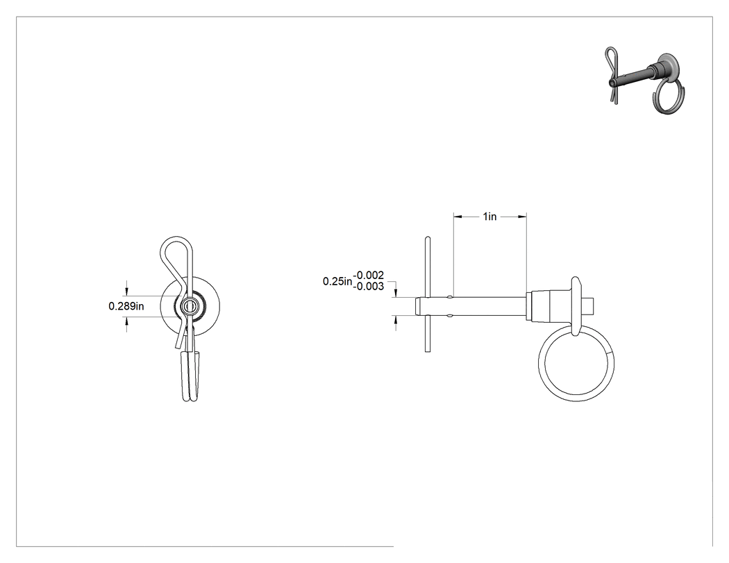 Teknik Çizim - Kopilyalı Çift Kilitli Hızlı Açma Pimi, 17-4 PH Paslanmaz Çelik, 1/4" Çap, 1" Kullanılabilir Uzunluk