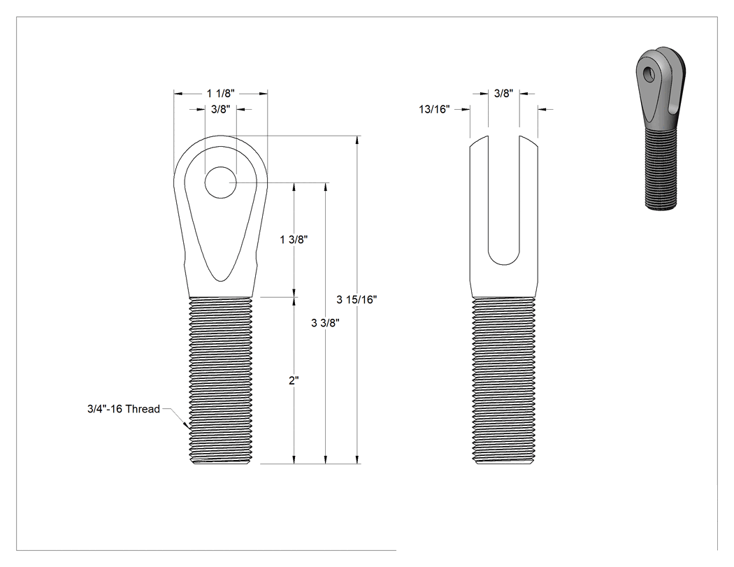 Teknik Çizim - Dıştan Dişli Çatal Çubuk Ucu, Sağ Yönlü 3/4"-16 Diş, 3/8" İç Çap, 3-3/8" Şaft Merkez Uzunluğu