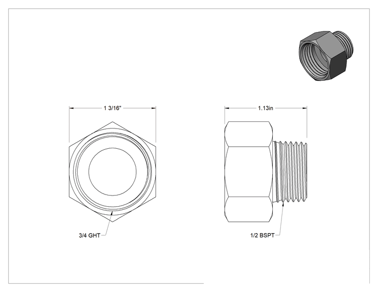 Teknik Çizim - Pirinç Adaptör, 3/4 GHT Dişi x 1/2 BSPT Erkek