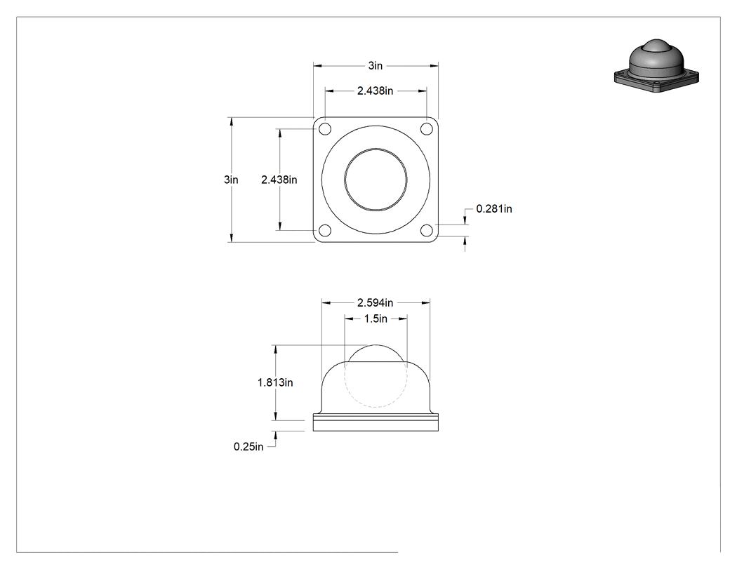 Teknik Çizim - Flanş Montajlı Bilyalı Transfer, 1-1/2" Çapında Naylon Bilye, Çinko Kaplı Çelik Muhafaza