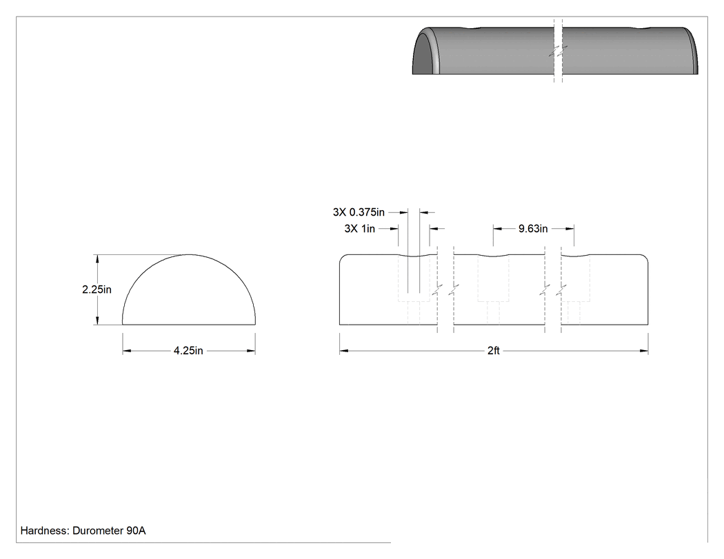 Teknik Çizim - Vida ile Sabitlenen Poliüretan Köpük Yüzey Koruyucu, 2 Fit Uzunluk x 4-1/4" Genişlik x 2-1/4" Kalınlık