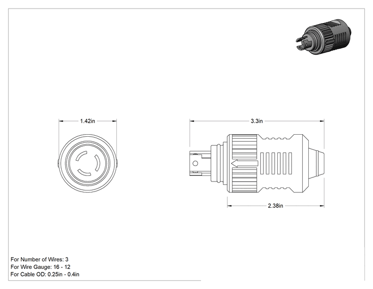 Teknik Çizim - Turn-Lock Araç DC Konektörü, Fiş, 16-12 AWG için