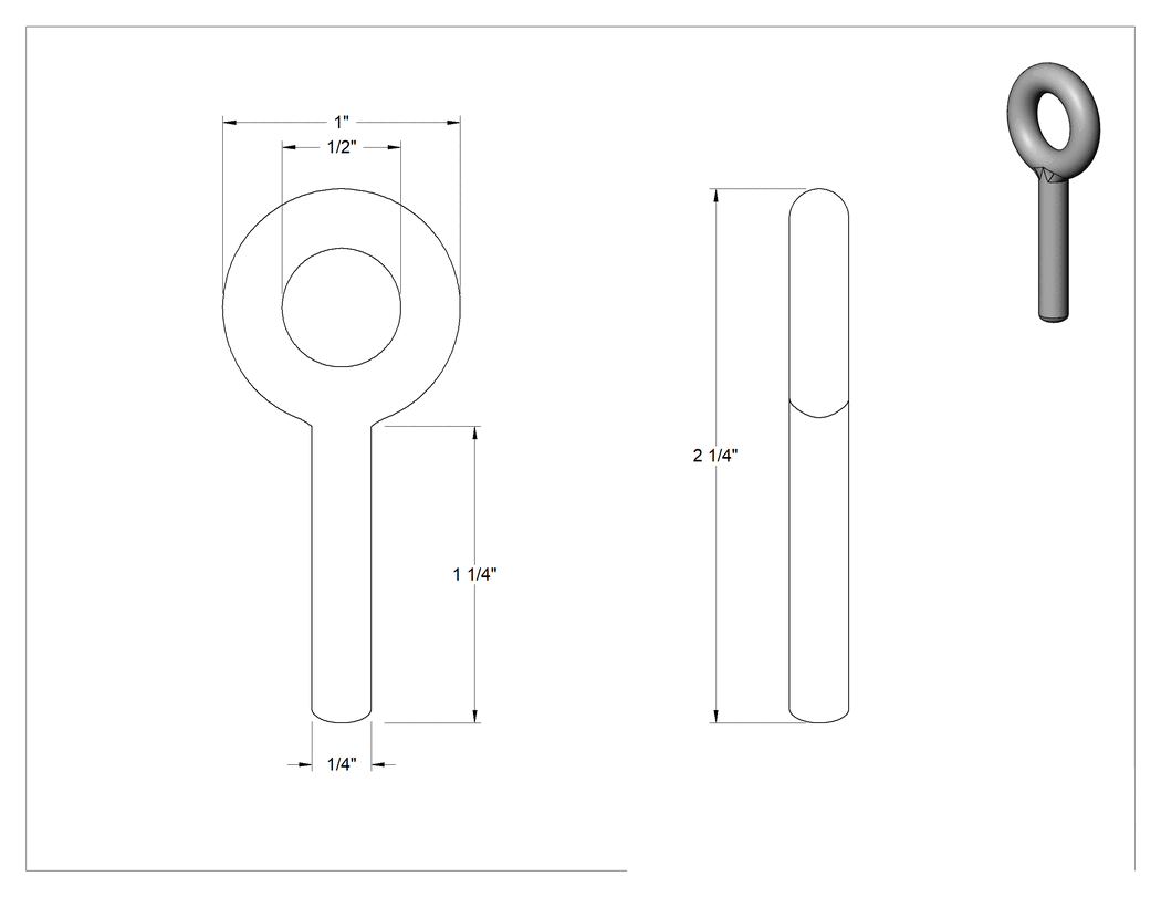 Teknik Çizim - Dişsiz 316 Paslanmaz Çelik Yönlendirme Halka Cıvatası, Omuz Yok - Kaldırma İçin Değil, 1/4" Çap x 1-1/4" Uzunlukta Şaft