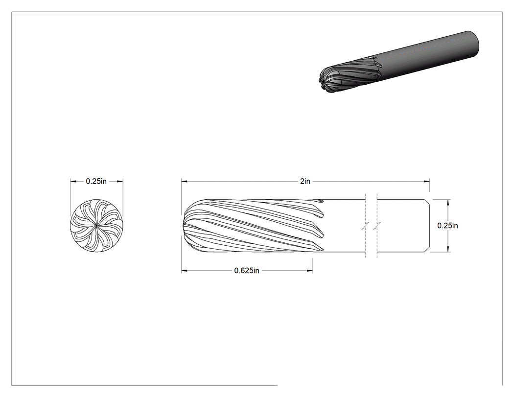 Teknik Çizim - Yumuşak Metaller ve Plastikler için Karbür Frez, Yuvarlak Silindir, 1/4" Baş Çapı