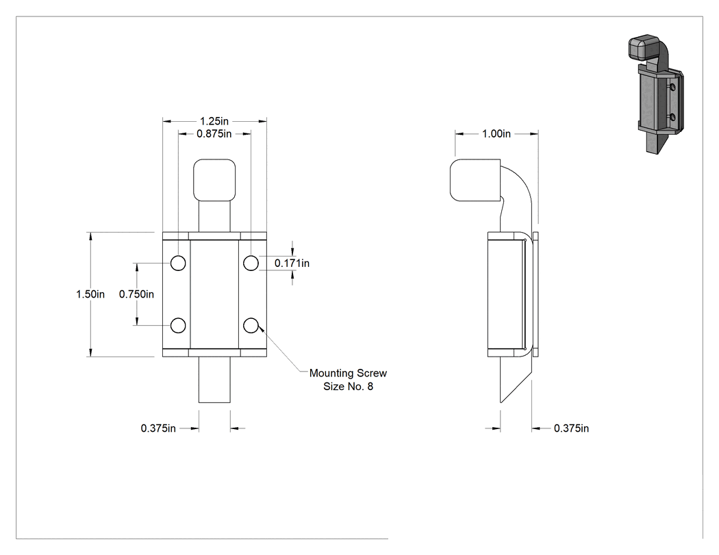 Teknik Çizim - Yaylı Kayar Cıvata Mandalı, Topuzlu Çekme, Çinko Kaplı Çelik, 1-1/2" Yükseklik x 1-1/4" Genişlik