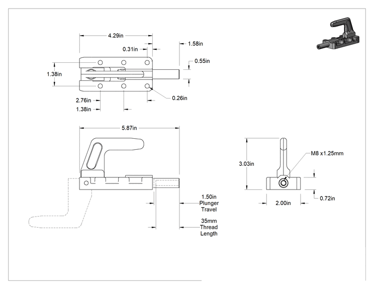 Teknik Çizim - İt/Çek Mandal Kelepçe, Çelik, 1100 lbs. Tutma Kapasitesi, 1-9/16" Uzunlukta Piston