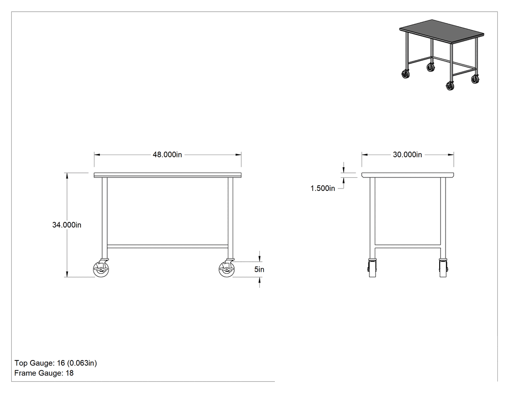 Teknik Çizim - Paslanmaz Çelik Masa, Mobil, 34" Yükseklik x 48" Genişlik x 30" Derinlik