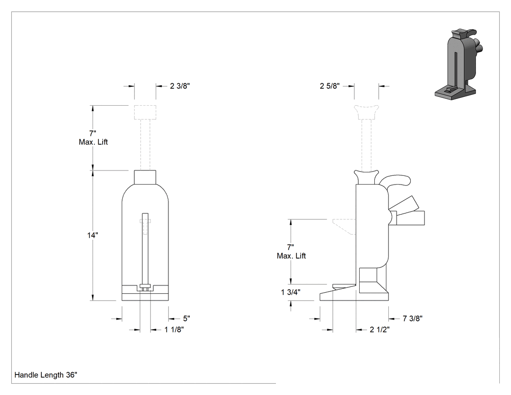 Teknik Çizim - İki Yükseklikte Cırcırlı Kriko, Demir, 5 Ton/10000 lbs. Kapasite, 7" Maksimum Kaldırma