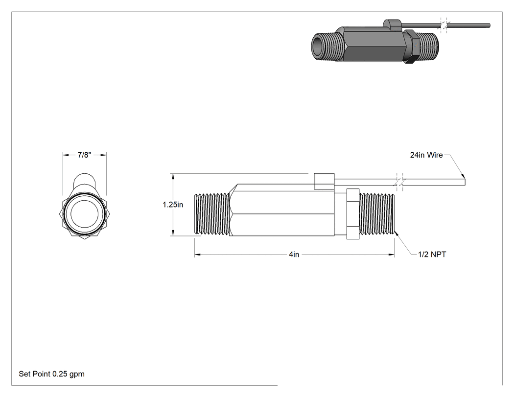 Teknik Çizim - Sabit Ayarlı Yüksek Basınçlı Akış Anahtarı, SPST, 1/2 NPT Erkek, Pirinç Gövde, 0.25 gpm Ayar Noktası