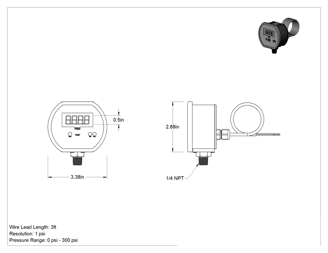 Teknik Çizim - Yüksek Hassasiyetli Dijital Basınç Test Göstergesi, Sertifikalı, DC Güç Kaynağı, 1/4 NPT Erkek Alt Bağlantı, 0-300 PSI