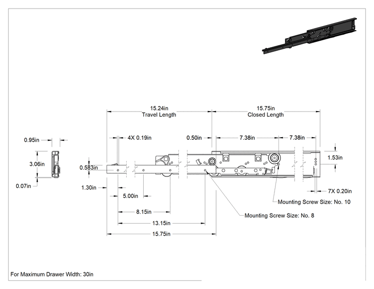 Teknik Çizim - Gıda Endüstrisi Çekmece Kılavuzları, 15-3/4" Kapalı Uzunluk