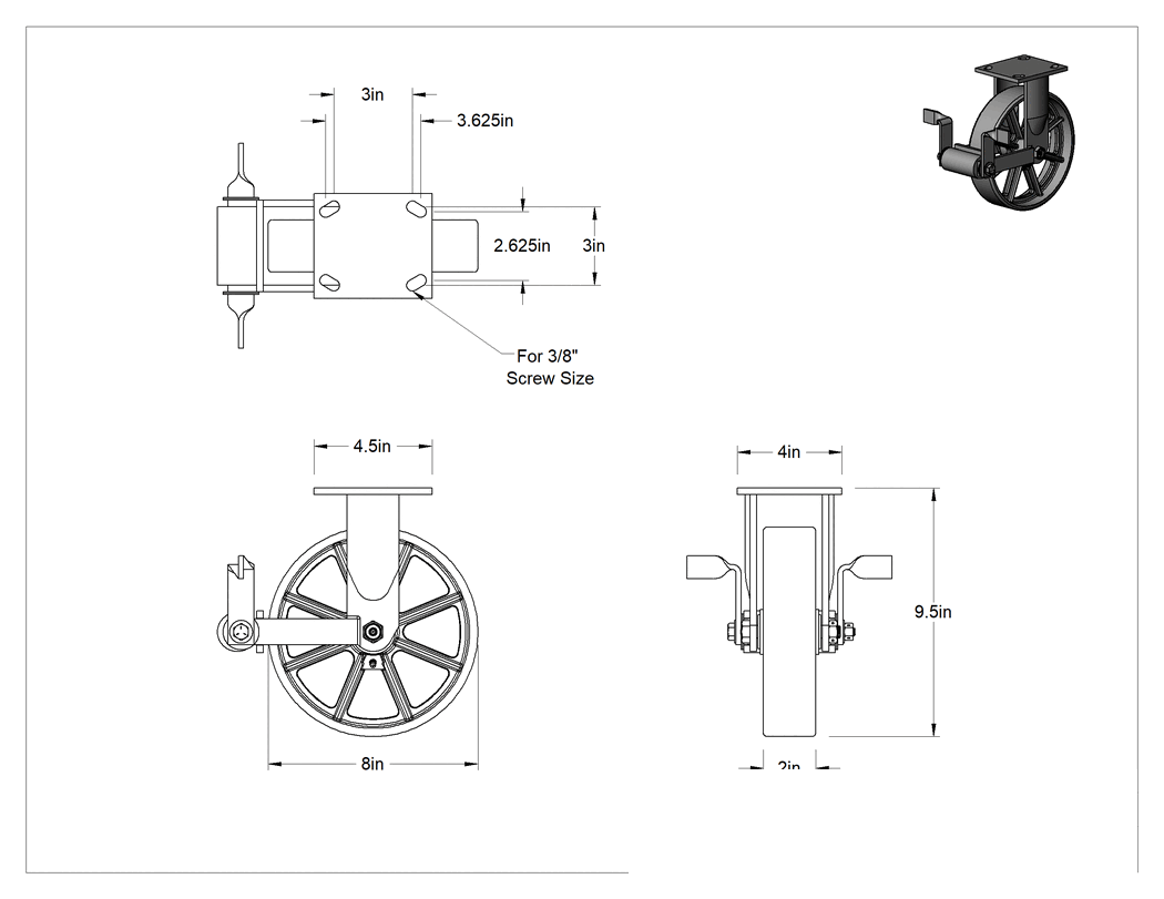 Teknik Çizim - 4-1/2" x 4" Plakalı Yüksek Kapasiteli Spartan Tekerlek, Frenli ve 8 inç Çapında Açık Rulmanlı Metal Tekerlekli Sert