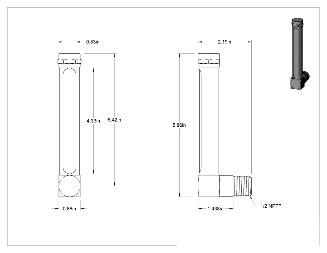 Teknik Çizim - Pirinç Dirsek Yağ Seviyesi Göstergesi, 1/2 NPTF Erkek, 5-7/8" Toplam Yükseklik, 1-7/16" Genişliğinde Gövde