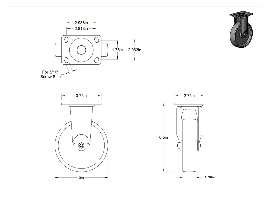 Teknik Çizim - 3-3/4" x 2-3/4" Plakalı Parlak Yüzeyli Tekerlek, 5 inç Çapında Naylon Tekerlekli Sert
