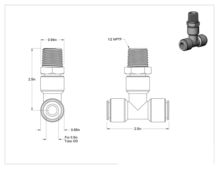 Teknik Çizim - Bas-Bağlantı Elemanı, Döner Başlıklı Hat Üstü T, 1/2" Boru Dış Çapı x 1/2 NPTF Erkek için