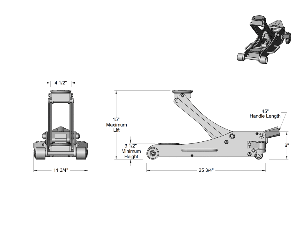 Teknik Çizim - Tekerlekli ve Düz Seleli Hidrolik Kriko, 4000 lbs. Kapasite, 3-1/2" ila 18-1/2" Yükseklik