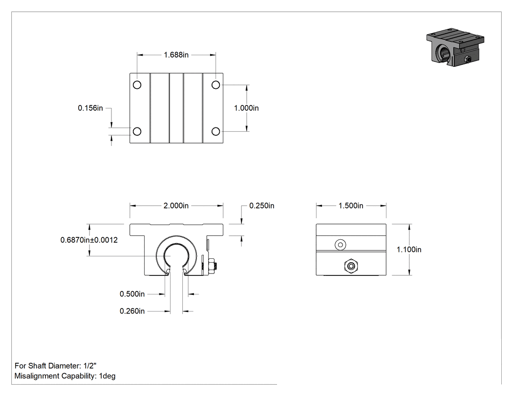 Teknik Çizim - Paslanma ve Aşınmaya Dayanıklı Monte Bilyalı Lineer Rulman, Destek Rayı Şaftları için, 1/2" Mil Çapı