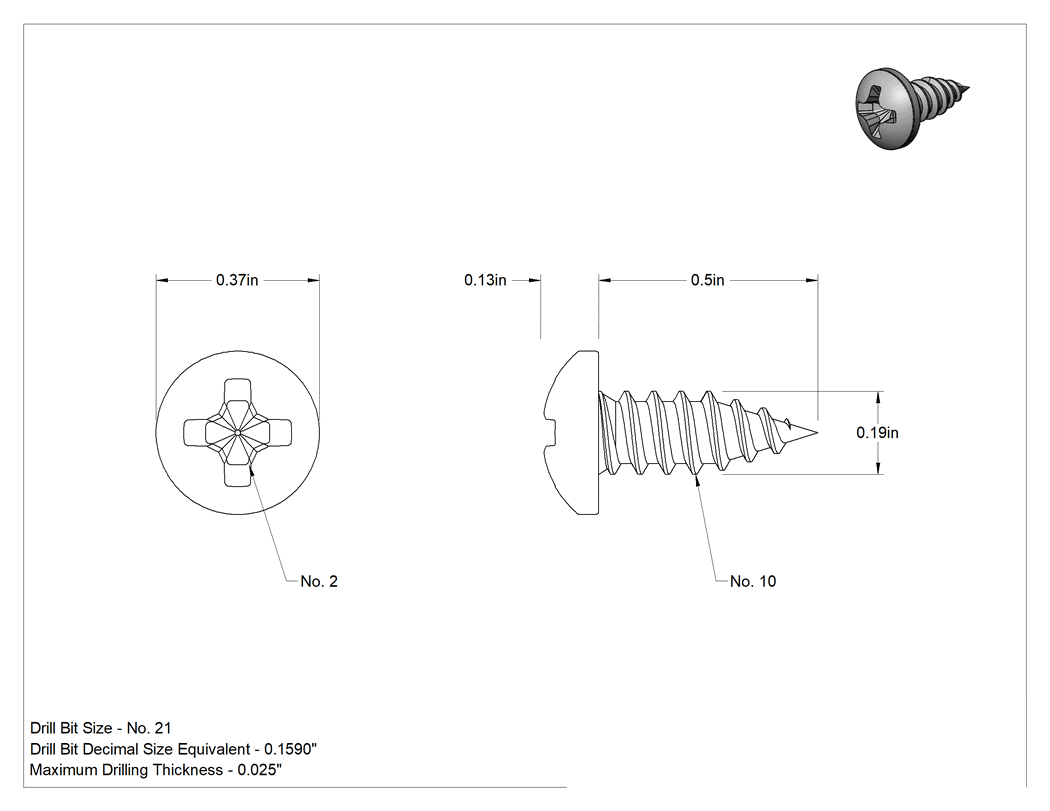 Teknik Çizim - Metal için Phillips Yuvarlak Başlı Vidalar, Siyah Oksit 18-8 Paslanmaz Çelik, 10 Numaralı Boyut, 1/2" Uzunluk