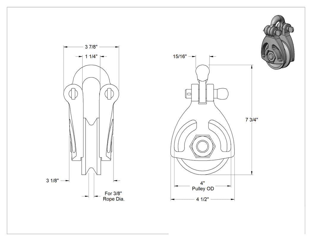 Teknik Çizim - Kaldırma için Tel Halatlı Asma Kasnağı, Rulmanlı Tek Oluklu, Sert Şakel, 3/8" Çap için