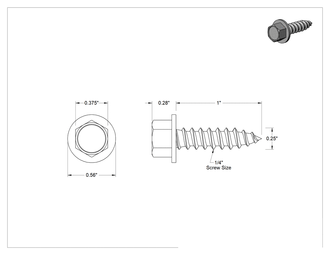 Teknik Çizim - Ahşap için Flanşlı Altıköşe Başlı Vidalar, Sıcak Daldırma Galvanizli Çelik, 1/4" Boyut, 1" Uzunluk