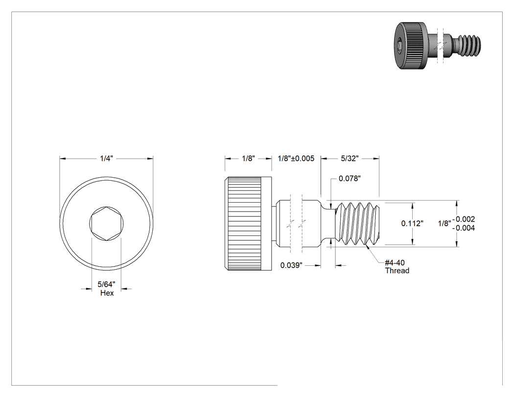 Teknik Çizim - 18-8 Paslanmaz Çelik Sol Dişli Omuzlu Vida, 1/8" Omuz Çapı, 1/8" Omuz Uzunluğu, 4-40 Diş