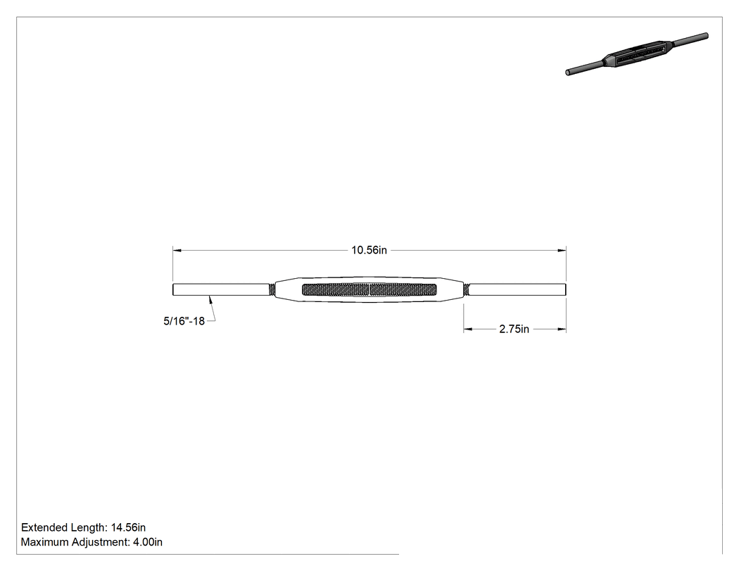 Teknik Çizim - 316 Paslanmaz Çelik Gerdirme - Kaldırma Amaçlı Değil, Dişsiz Uç/Uç, 800 lb. Kapasite, 10.75" Geri Çekilmiş Uzunluk