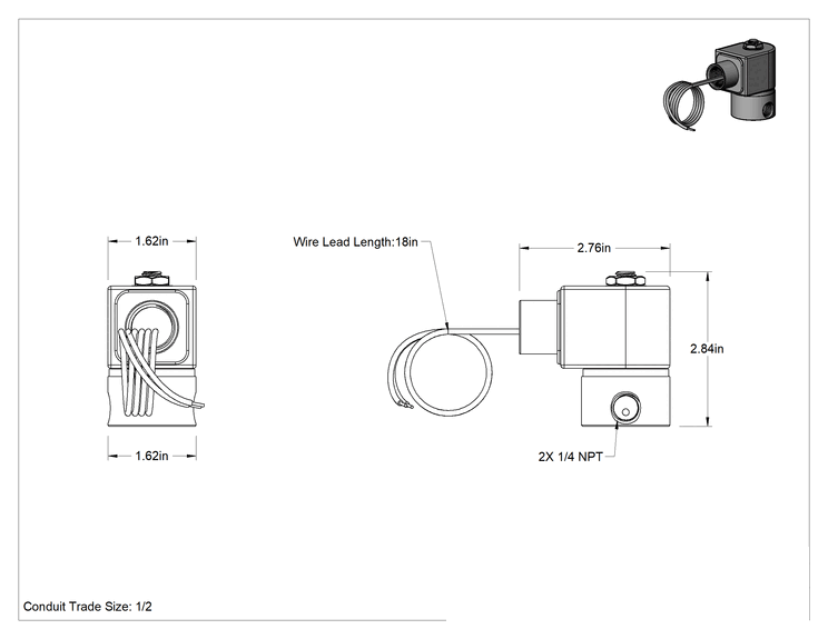 Teknik Çizim - Yüksek Basınçlı Kompakt Solenoid Açma/Kapama Valfi, 430 Paslanmaz Çelik Gövde, 24V DC, 1/4 NPT Dişi, 1000 maksimum PSI