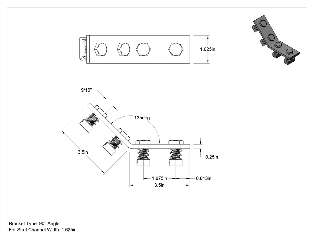 Teknik Çizim - Strut Kanalı Braketi, 45 Derece Dış Açı, Çinko Kaplı Çelik, 3-1/2" x 3-1/2" Uzunluk
