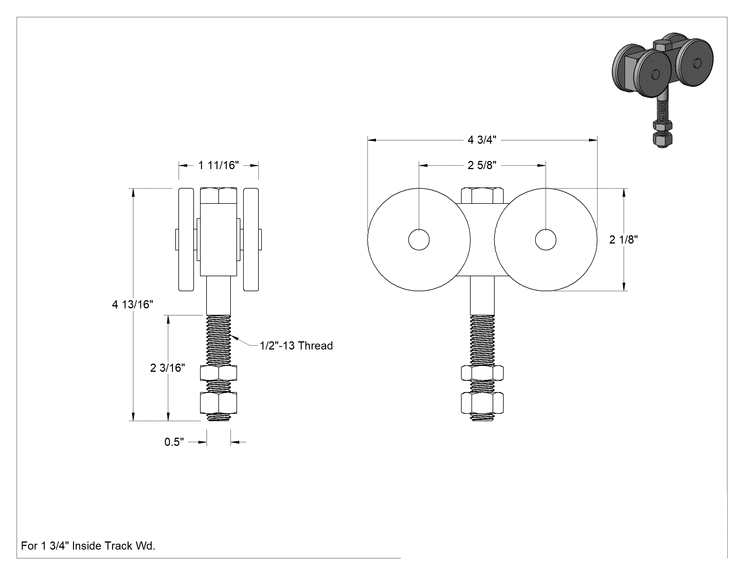 Teknik Çizim - Kapılar için Makaralı Ray için Paslanmaz Çelik Askı, 1-3/4" iç ray genişliği için, Cıvatalı