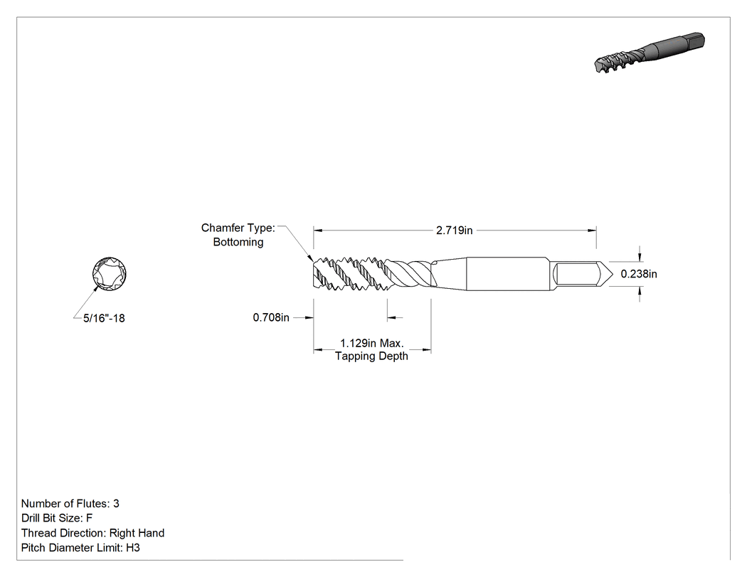 Teknik Çizim - Yüksek Hızlı Çelik Talaş Temizleme Kılavuzu, Kör Delikler için, TICN Kaplama, Alt Pah, 5/16"-18 Boyut