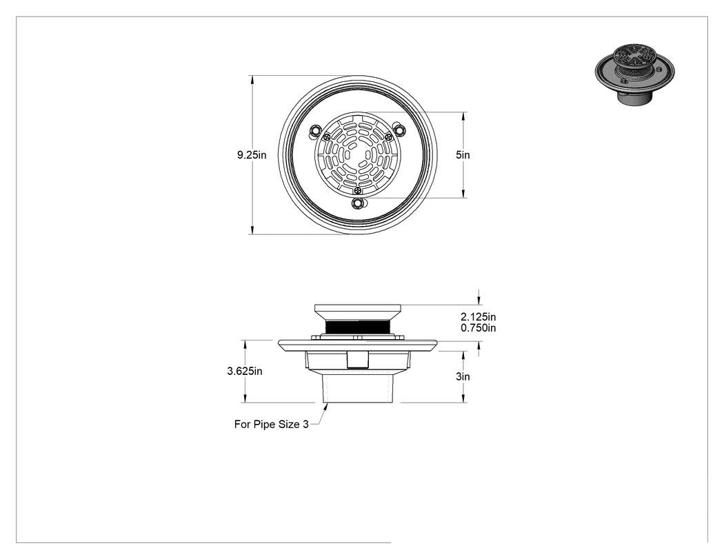 Teknik Çizim - İki Parçalı Demir Zemin Drenajı, Dişsiz Kelepçe Montajı, 3 Boru Boyutu için