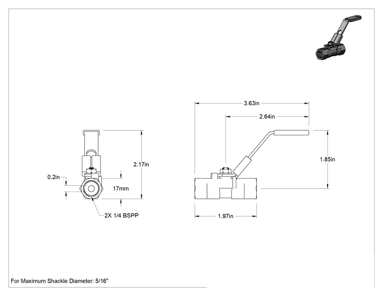 Teknik Çizim - 316 Paslanmaz Çelik Açma/Kapama Vanası, Kilitlenebilir Kol Saplı, 1/4 BSPP Dişi