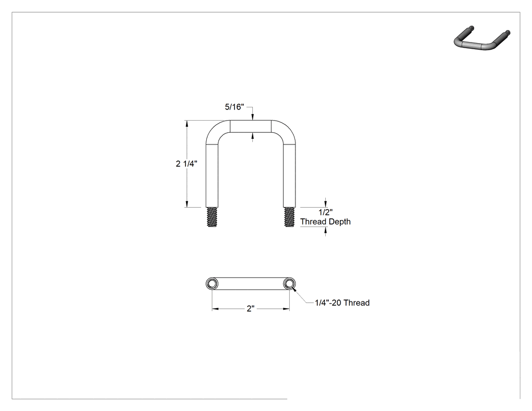 Teknik Çizim - Yuvarlak Tutma Kolu, 303 Paslanmaz Çelik, Parlatılmış, 1/4"-20 Diş Boyutu, 2" Genişlik Merkezden Merkeze