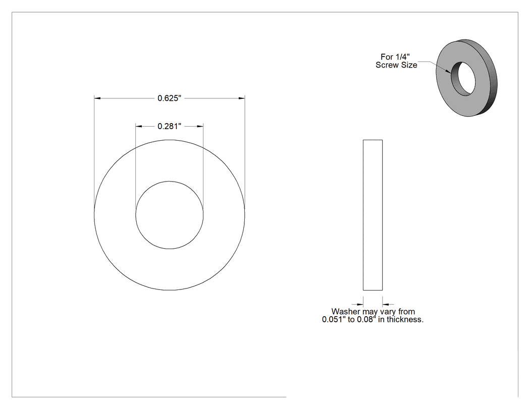 Teknik Çizim - Paslanma ve Aşınmaya Dayanıklı Galvanizli Çelik SAE Pul, 1/4" Vida Boyutu için, 0.281" İç Çap, 0.625" Dış Çap