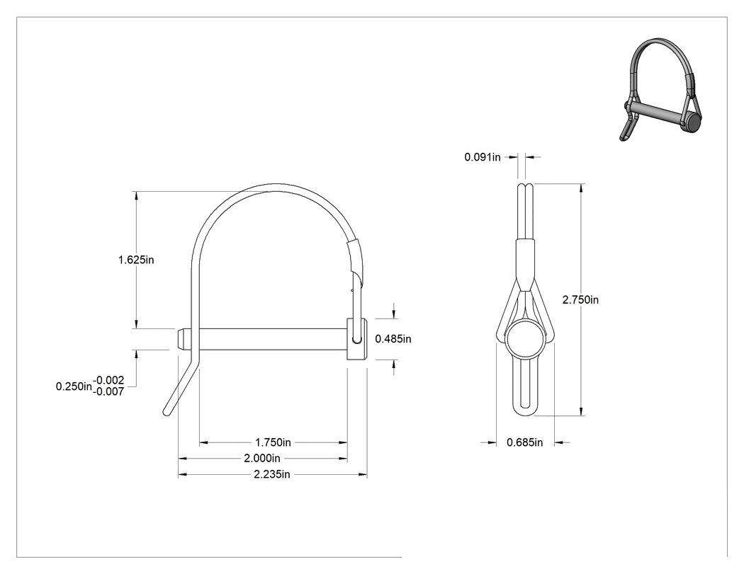 Teknik Çizim - Tel Tutuculu 18-8 Paslanmaz Çelik Çatal Pim, Halkalı ve Tırnaklı Yuvarlak, 1/4" Çap, 1-3/4" Kullanılabilir Uzunluk