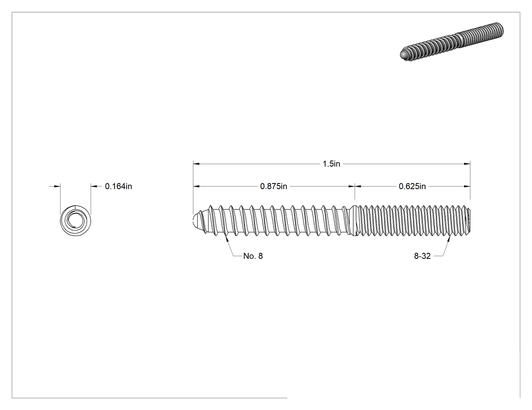 Teknik Çizim - Çelik Ahşap Vida Dişli Saplama, Çinko Kaplamalı, 8 Numaralı Vida, 8-32 Saplamalı, 1-1/2" Uzunluk