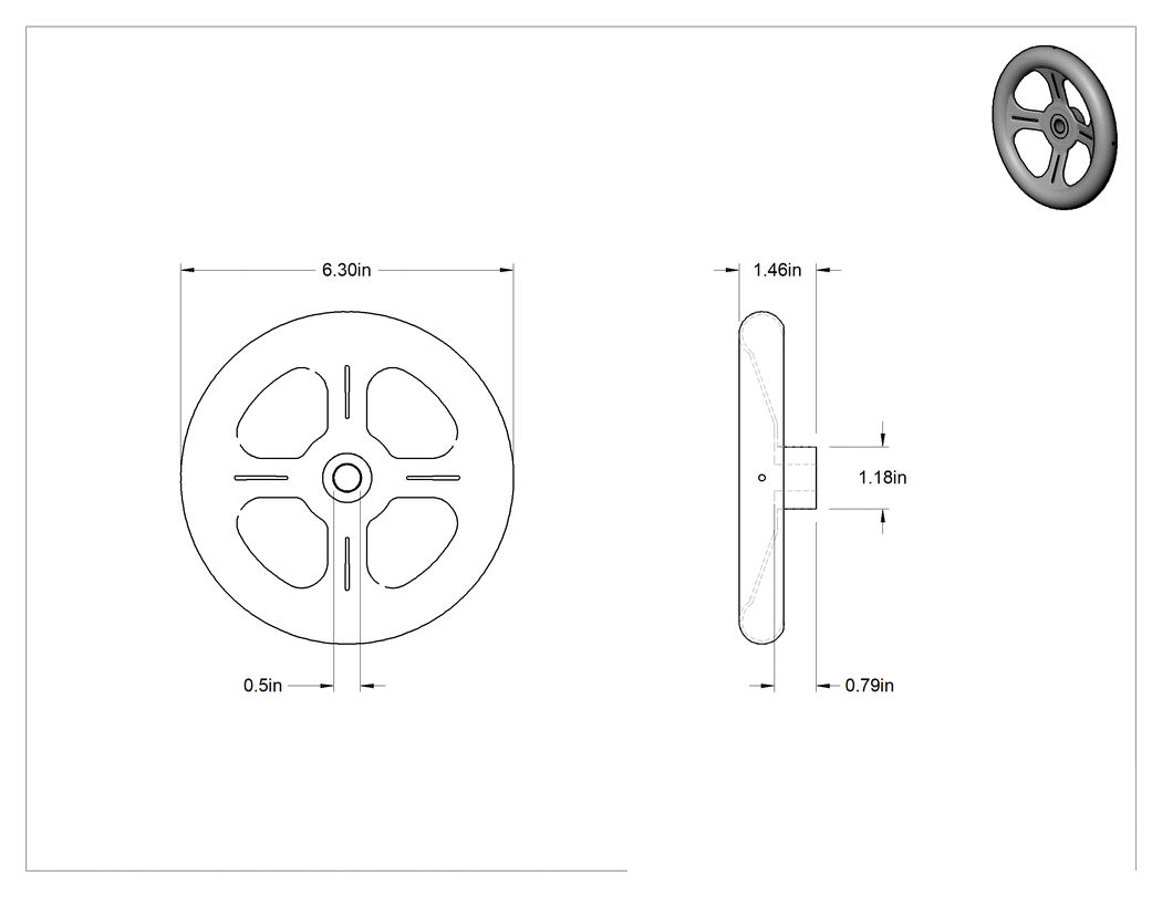 Teknik Çizim - 316 Paslanmaz Çelik Dişsiz Delikli Çarklı El Çarkı, Çukur Tekerlek, 6-5/16" Çap