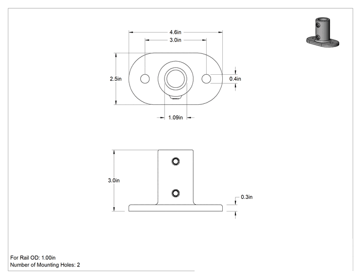 Teknik Çizim - Galvanizli Demir Kayar Ray Bağlantı Parçası, 1 inç Ray Dış Çapı için Oval Ray Ucu