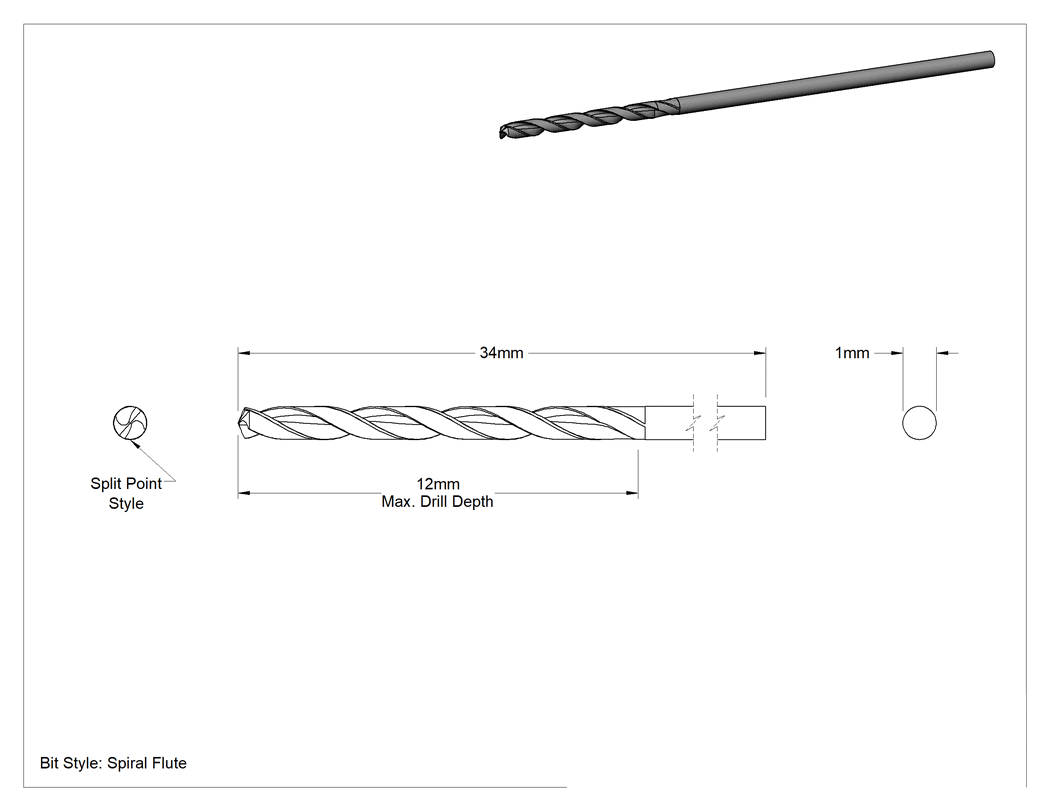 Teknik Çizim - Kobalt Çelik Matkap Ucu, TiN Kaplı, Jobber, 1.0 mm Boyut, 33 mm Toplam Uzunluk